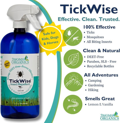 3 Moms Organics TickWise Insect Repellent, 32oz Extra Strength - DEET- Free, Tick and Insect Repellent, Plant Based Essential Oils, All Natural Ingredients, Safe for Kids, Adults, Dogs and Horses