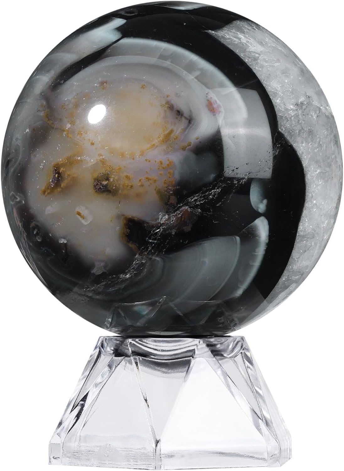 Natural Black Striped Agate Crystal Ball with Acrylic Display Base, 50-60mm Polished Stone Feng Shui Crystal Sphere Meditation Decoration for Home & Office