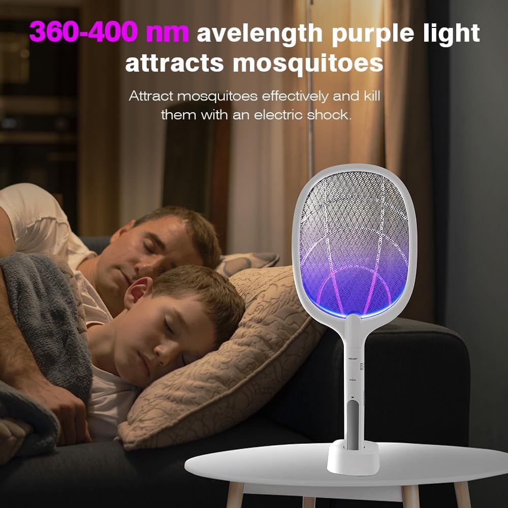 Electric Fly Swatter Indoor & Outdoor 3000V Bug Zapper Racket Dual Modes Mosquito Killer with Purple Mosquito Light Rechargeable Fly Zapper for Indoor Home Office Backyard Patio Camping