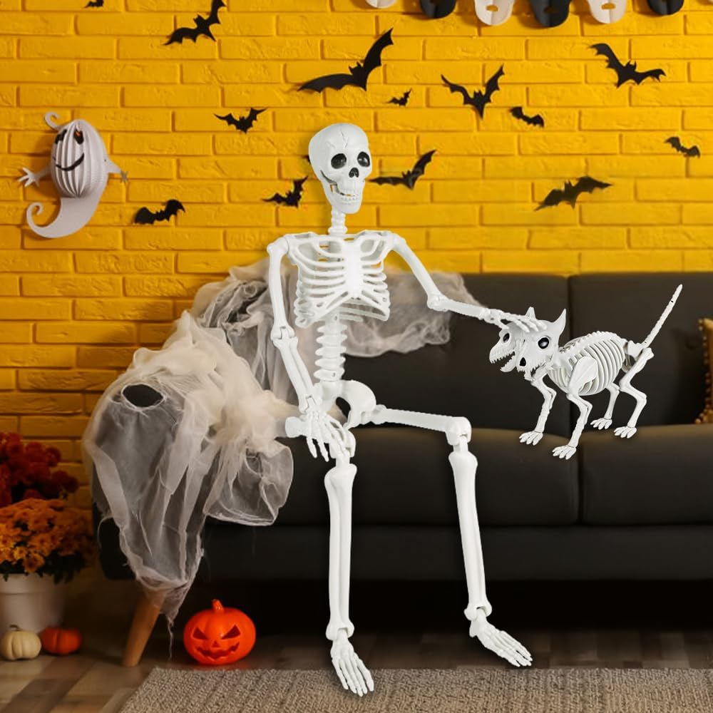 YUJUN 36'' Halloween Skeleton Decoration with 2Head Dog Skeleton, Full Body Posable Skeleton Realistic Plastic Bones Movable Joints for Halloween Party Yard Haunted House Props Indoor Outdoor Decor