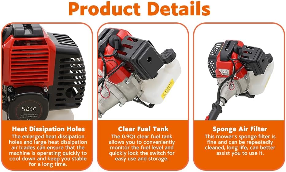 10 in 1 Garden Hedge Trimmer Combo, 52CC 2-Stroke Multi-Functional Garden Trimming Tool Gas Powered Long Reach Pole Saw Grass String Trimmer Brush Cutter Grass Wacker Weed Eater for Yard
