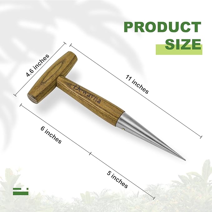 Dibber Garden Tool, Stamped Stainless Steel Tip Seed Dibber, Smooth Splinter-Free T-Shape Wood Handle Dibbler with Comfortable Grip, 11-Inch Dibber for Planting Seed and transplanting seedling