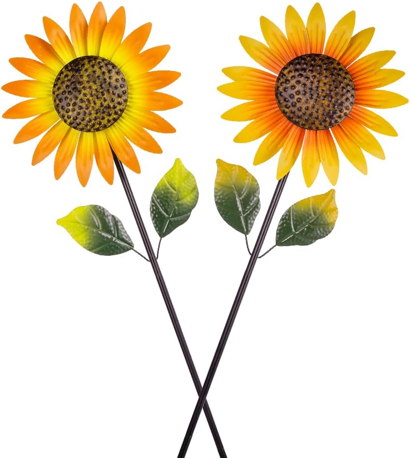 Viveta 2Pack Metal Sunflower Wind Spinner Outdoor,Kinetic Decorative Wind Sculpture wtih Sturdy Stake,Pinwheels for Yard and Garden