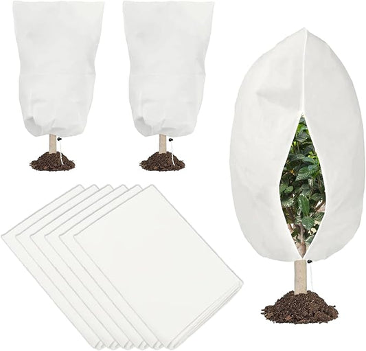 6 PCS Plant Covers Freeze Protection, 47.2"x31.5" Frost Blankets with Zipper Drawstring Reusable Winter Plant Protectors Bag Covers for Outdoor Garden Trees, Shrubs Cover for Frost Cold Pest, White