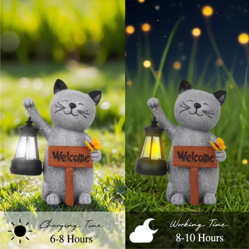 Cat Garden Statues with Solar Lantern, Outdoor Figurine Resin Sculpture Hanging Solar Power Lights for Decoration Yard Patio Balcony Lawn Ornament Art Decor, Unique Gift for Grandma Wowen Mom