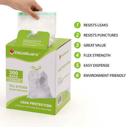 Large Trash Bag 13 Gallon Tall Drawstring 100% Post-Consumer Recycled Garbage Bag Waste Bag for Kitchen Office 0.8 Mil (300 Count)