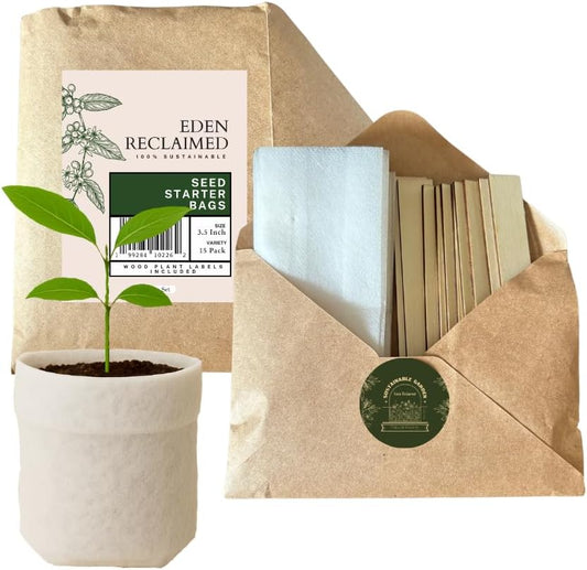 15-Pack Biodegradable Plant Grow Bags 3.5 Inch with Wooden Labels – Eco-Friendly Fabric Pots for Seedlings, Herbs, Flowers - Indoor Outdoor – Plastic-Free Gardening Gift