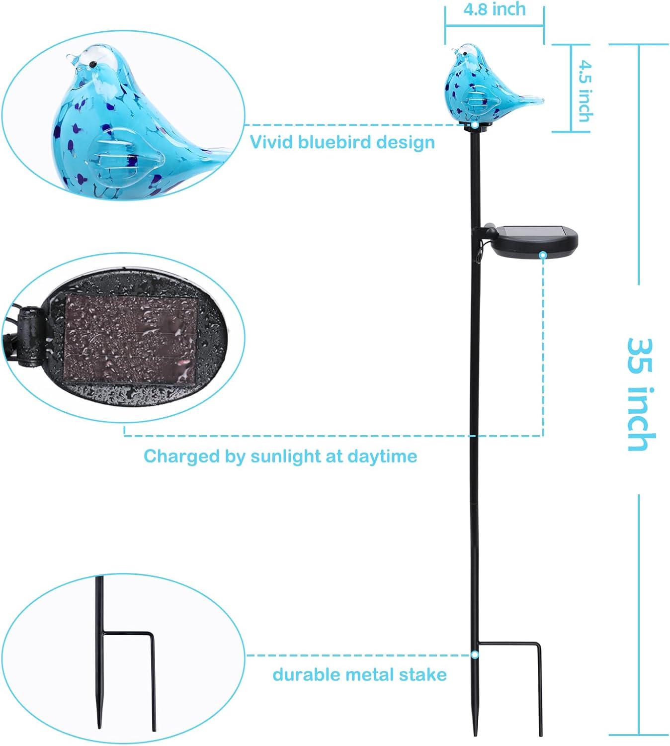Afirst Decorative Solar Lights Outdoor Solar Bluebird Stake Lights Hand Blown Glass Decorative Garden Pathway Lights Outdoor Waterproof Glass Stakes