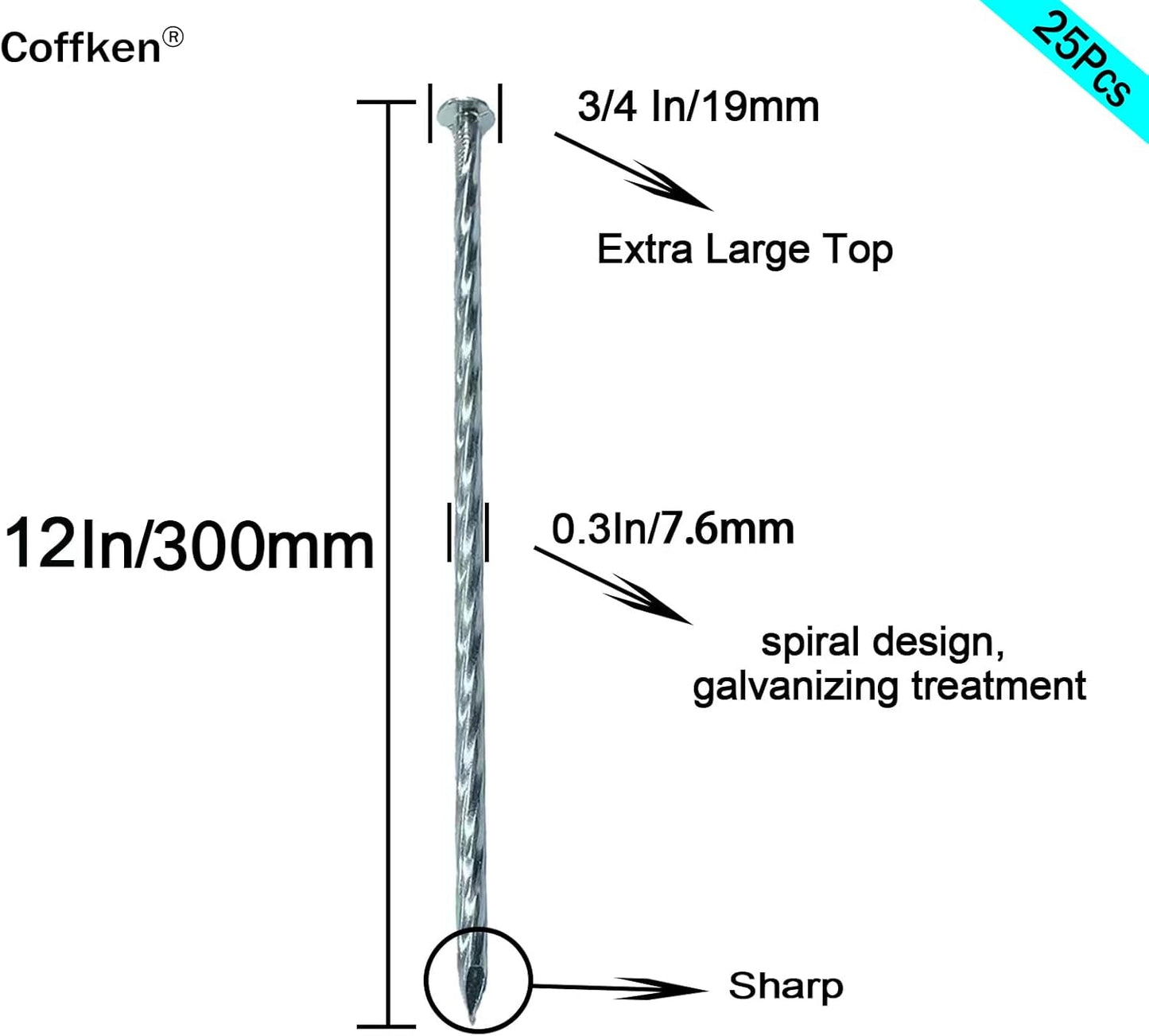 12 Inch Ground Stakes, Spiral Metal Landscapes Edging Spikes, 0.75 Inch Extra Large Top, for Paver Edging, Weed Barriers,Anchoring, Anchoring Spikes, Bright Spike Timber Nail, Etc (25)