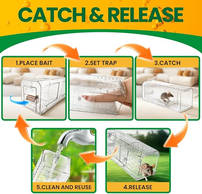 4PCS Humane Mouse Trap No Kill， Live Catch and Release Mouse Traps for Small Rat Rodent, Mousetrap Catcher Indoor and Outdoor, Easy to Use & Clean Reusable and Release Mice