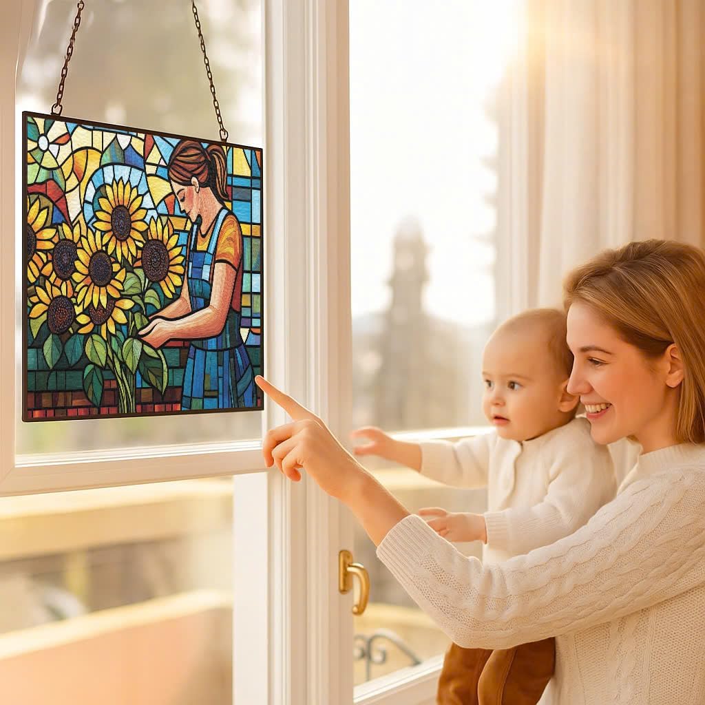 Customized Rectangle Boho Florist Arranging Sunflowers Stained Glass Window Hanging, Suncatcher for Women, Stained Glass Window Decor Perfect Home Décor