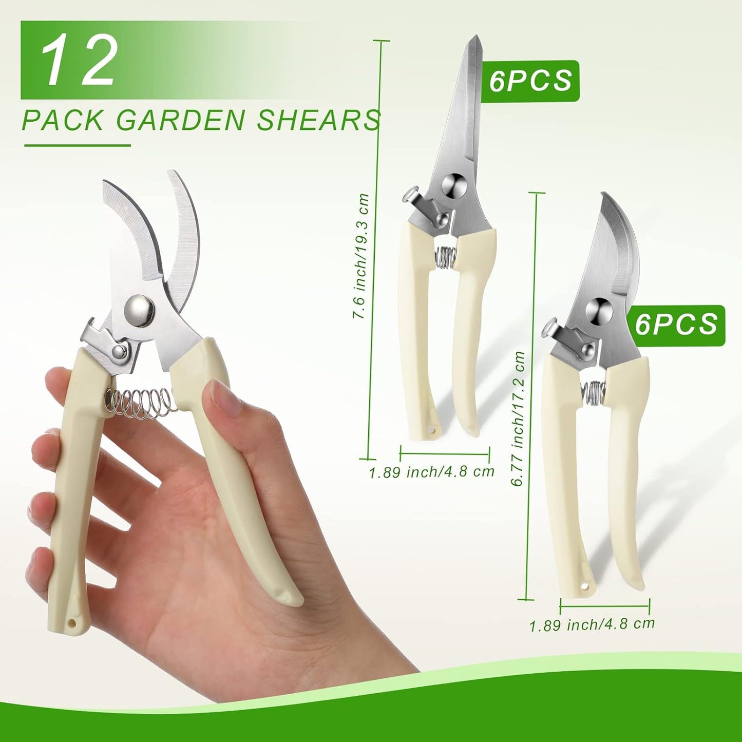 Therwen 12 Pcs Garden Shears Flower Scissors Pruning Shears Floral Garden Clippers Hand Pruners Branch Cutter Gardening Tools for Plants Cutting, Trimming, Fruits Picking (Beige,Bypass, Straight)
