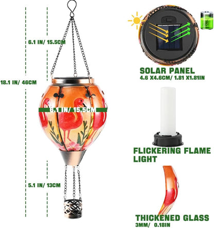 Hot Air Balloon Solar Lantern - Flamingo Stained Glass Lantern, Simulated Flickering & Dancing Flame, Outdoor Hanging Yard Light Waterproof IP65 for Patio Lawn Porch Decor Gift