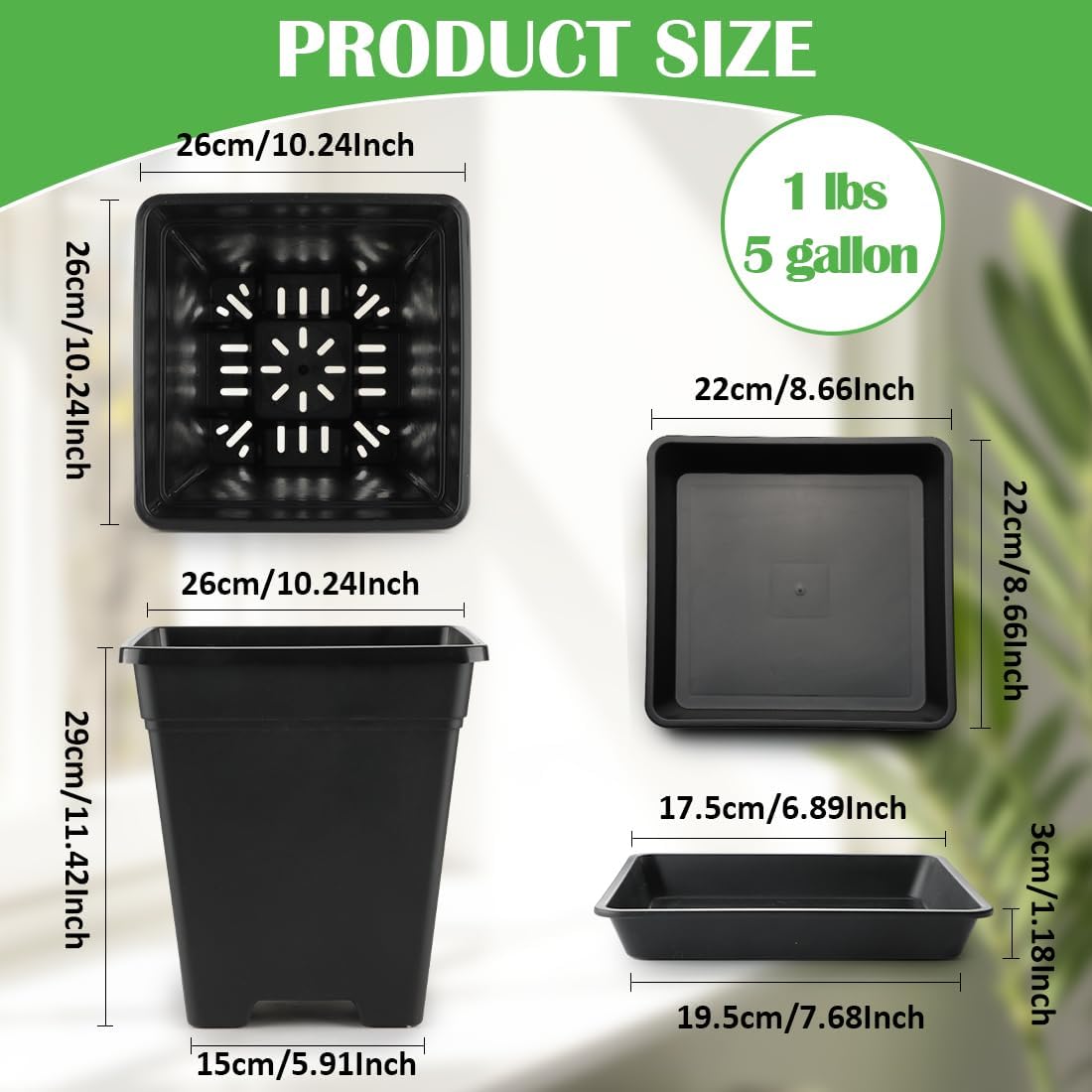 BTPLASTIK Plant Pots 10 Inch Set of 5, Large Square Plastic Planter with Drainage & Saucer, 5 Gallon Thick Outdoor Garden Pots Container for Outdoor Indoor, Flower Pots Planters