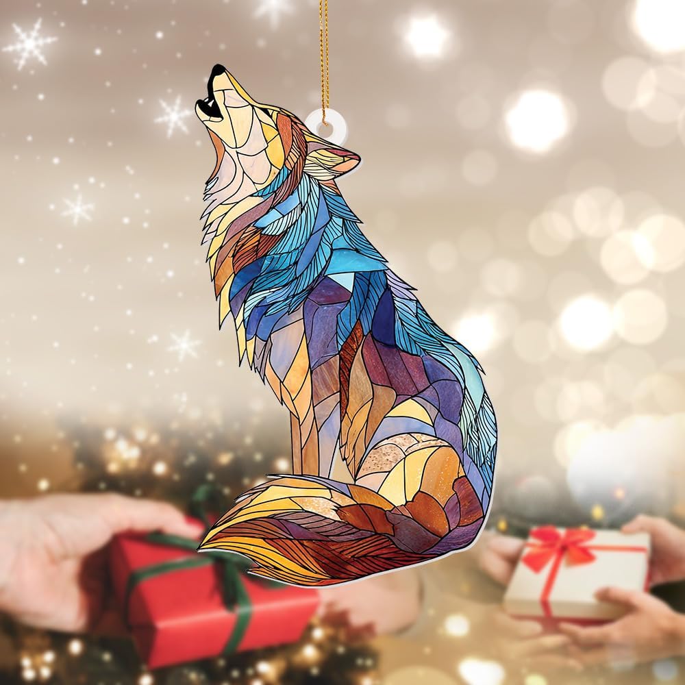 Wolf Stained Glass Ornament, Howling Wolf Window Hanging Acrylic Suncatcher, Wildlife Animal Decor for Home, Car Mirror, Office, Collectible Ornament Gift for Wolf Lovers (Sun-09)