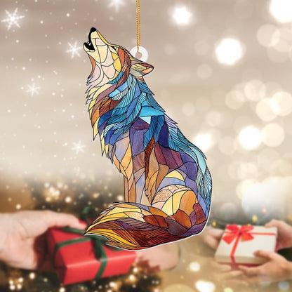 Wolf Stained Glass Ornament, Howling Wolf Window Hanging Acrylic Suncatcher, Wildlife Animal Decor for Home, Car Mirror, Office, Collectible Ornament Gift for Wolf Lovers (Sun-09)