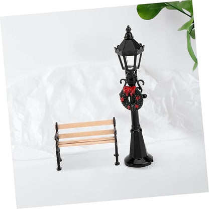 2pcs Christmas Street Lamp Post and Miniature Park Bench Seat Mini Street Light Model Dollhouse Christmas Village Pathway Lantern Post Fairy Garden Accessories