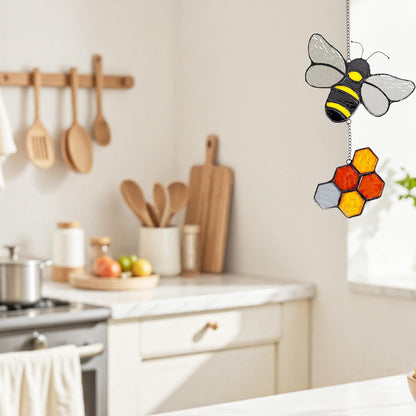 Handmade Honeybee Honeycomb Suncatcher Stained Glass Window Hangings Ornament Real Sun Catchers Indoor Window Garden Kitchen Decor Bee Gifts for Women Beekeeper Teacher