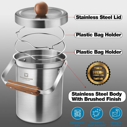 Kitchen Countertop Compost Bin 101ounces / 3Liters with Airtight Lid, SUS304 Stainless Steel Odor-Free Food Waste Bin with Wooden Handle Stylish Design/Bathroom Trash Can (Silver)