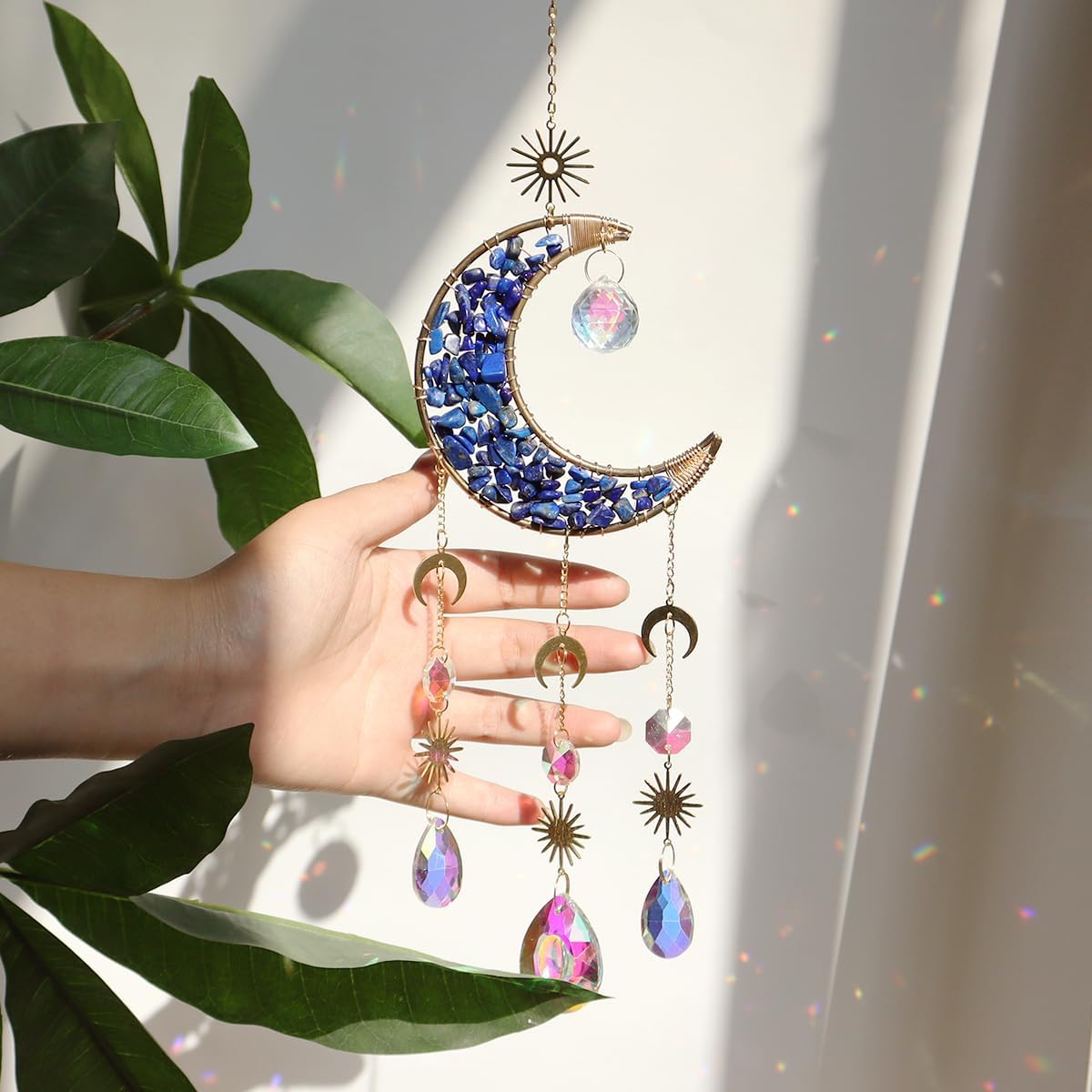 Moon Suncatcher Hanging Decor, Boho Chic Lapis Lazuli Crystal Sun Catcher, Spritual Sun Light Catcher for Windows, Blue Crescent Moon Housewarming Gift (Lapis Lazuli)