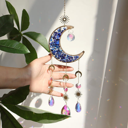 Moon Suncatcher Hanging Decor, Boho Chic Lapis Lazuli Crystal Sun Catcher, Spritual Sun Light Catcher for Windows, Blue Crescent Moon Housewarming Gift (Lapis Lazuli)