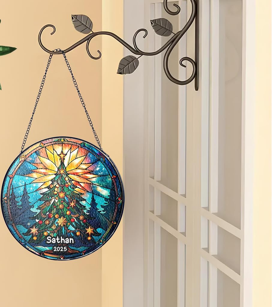 Personalized Stained Glass Christmas Tree Suncatcher, Christmas Handcraft Holiday Ornament with Name and Number, Gift for Family or Friend, Gift for Décor