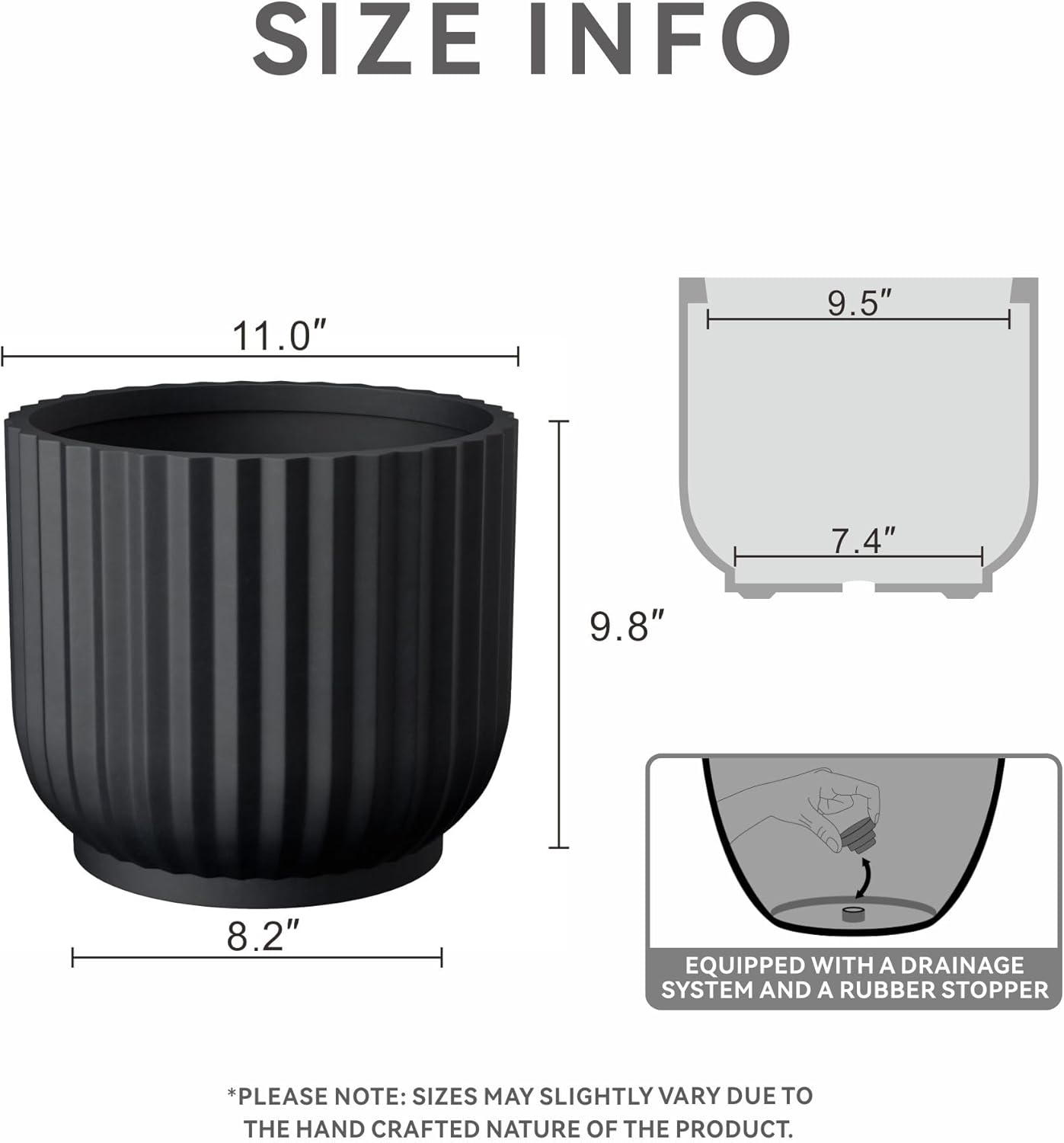 Kante Round Fulted Planter, 11 Inch Dia Large Concrete Plant Pots with Drainage Hole and Rubber Plug, Modern Decor for Indoor Outdoor Plants, Flower, Black