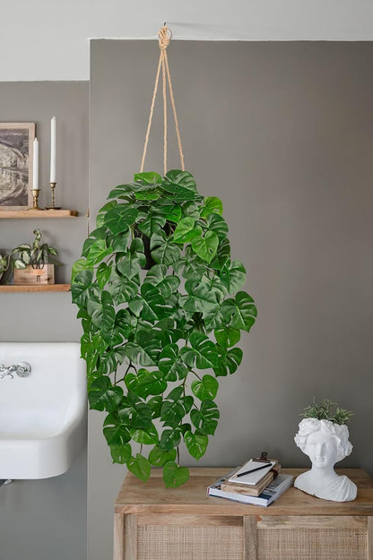 Large Fake Hanging Plants in Pot with Hook, 37" Artificial Hanging Monstera Leaves Vines Plants, Fake Potted Greenery Plant for Room Wall Living Room Bathroom Kitchen, Faux Ivy Houseplants for Shelf