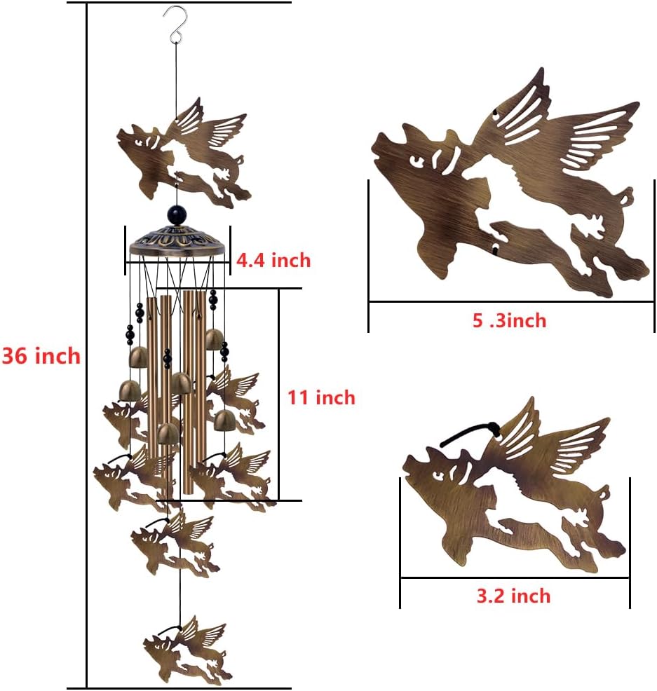 37" Flying Pigs Wind Chimes Outdoor Decor - with 6 Bells 7 Pigs Wind Chimes, Mobile Romantic Fly Pigs Wind Catcher, Bronze Pig Wind Bells for Home, Mom Gifts, Balcony, Tree, Festival Garden Decoration