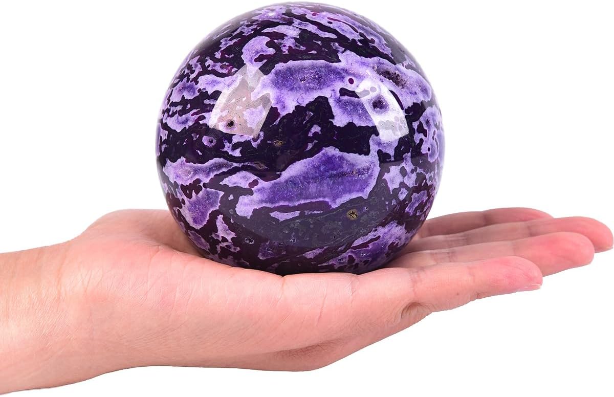 JIC Gem 3.1-3.5 inch(80-90mm) Large Purple Moss Agate Crystal Sphere Quartz Crystal Ball with Stand Healing Ornament Witchcraft Meditation Decor
