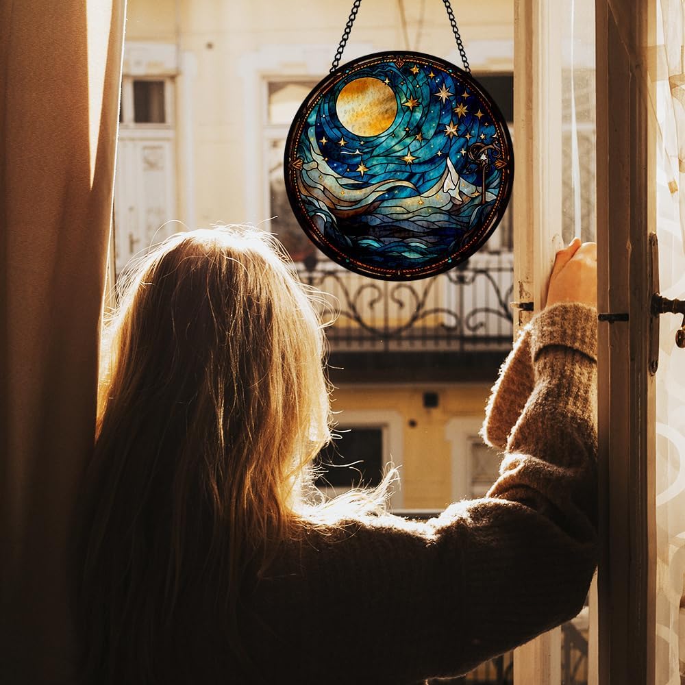 Moonlight Stained Glass Window Hanging, Stars Suncatcher Panel for Indoor Outdoor Decor, Lunar Night Glass Ornament for Wall, Balcony, Porch Decor, Hanging Ornament Gifts for Birthday Housewarming