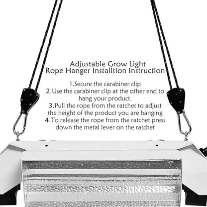 4 Pairs 1/8 Inch Adjustable Heavy Duty Ratchet Hanger Grow Light Fixtures Rope Clip Hangers Hanging Ropes for Gardening Grow Plant Fan Reflectors Filter Tent,150lbs Weight Capacity