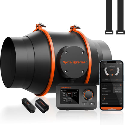 Spider Farmer 6 Inch Smart Inline Duct Fan with GGS Temperature Humidity Controller, WiFi Integrated App Control, 402 CFM Ventilation Exhaust Fan for Heating Cooling Booster, Grow Tents, Hydroponics
