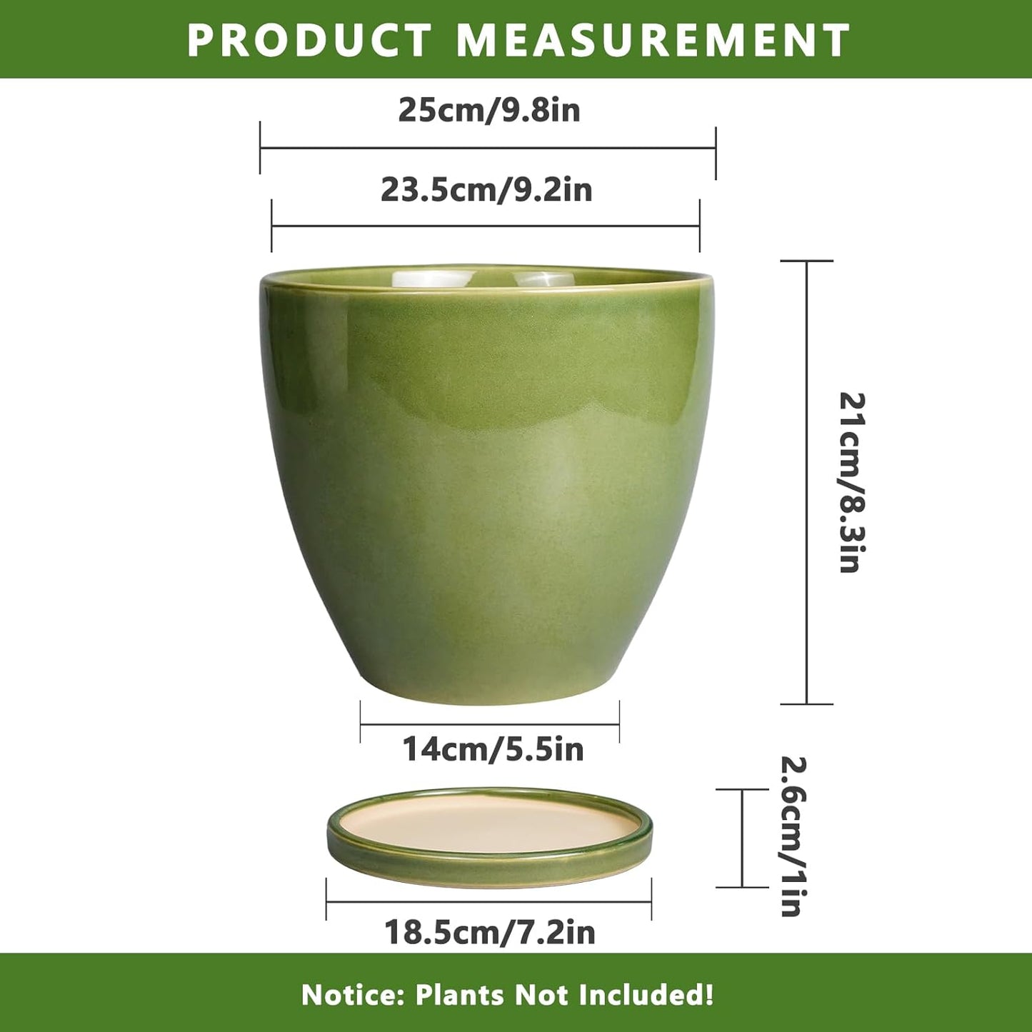 Ceramic Pots for Plants - 10 Inch Planter for Indoor Ourdoor Plants Modern Large Flower Pot with Drainage Hole and Saucer Room Home Office Garden Patio Porch Decor Green