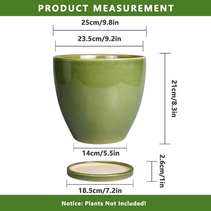 Ceramic Pots for Plants - 10 Inch Planter for Indoor Ourdoor Plants Modern Large Flower Pot with Drainage Hole and Saucer Room Home Office Garden Patio Porch Decor Green