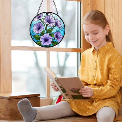 Morning Glory Stained Glass Window Hanging, Purple Suncatcher Panel Hanging for Indoor Outdoor Window Decorations, Morning Glory Glass Ornament for Wall, Garden Decor Gifts for Wedding, Housewarming