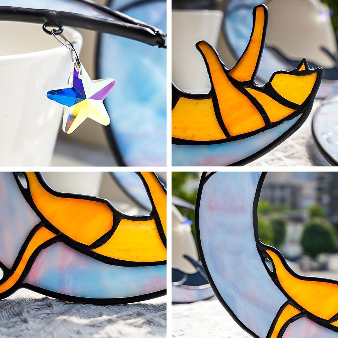 Orange Cat on Moon Stained Glass Suncatchers Star Crystal Decor,Rainbow Stained Glass Window Hangings,Funny Cat Lover Themed Gifts for Women Mom