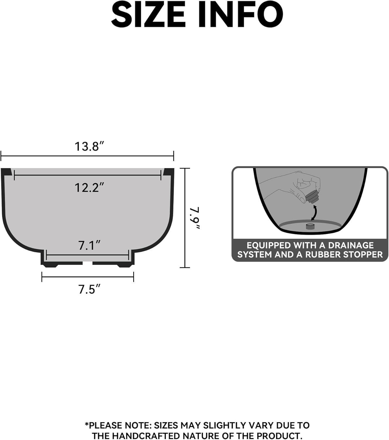 Kante 13.8 Inch Dia Concrete Bowl Planter, Large Tapered Bottom Plant Pot with Drainage, Smooth Black Finish with Warm Brown Interior, Ideal for Porch, Home, Garden, Patio