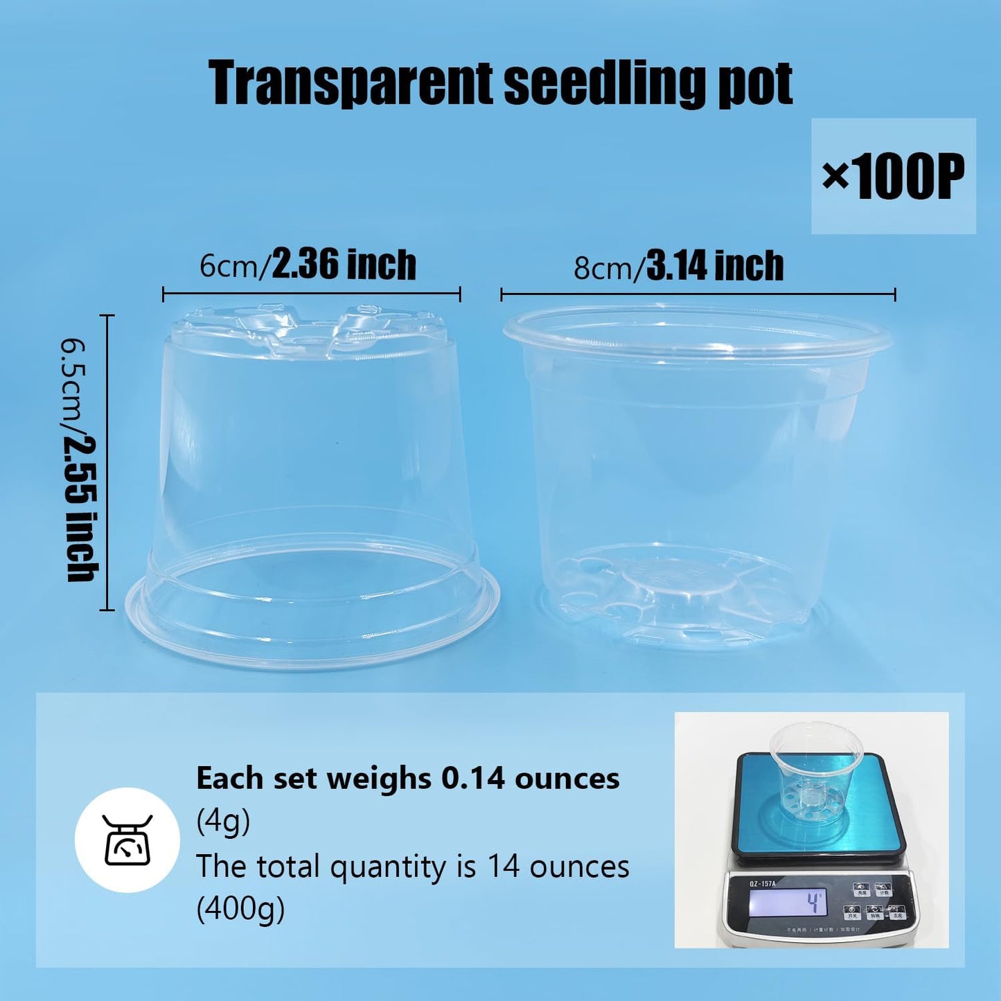 Clear Seedling pots 100-Pack 3.2 Inches Round for Seeds Starter Pots, Seeds Germination Transparent Clean Pots with Drainage Holes(100 Pcs, 3.14Inch)