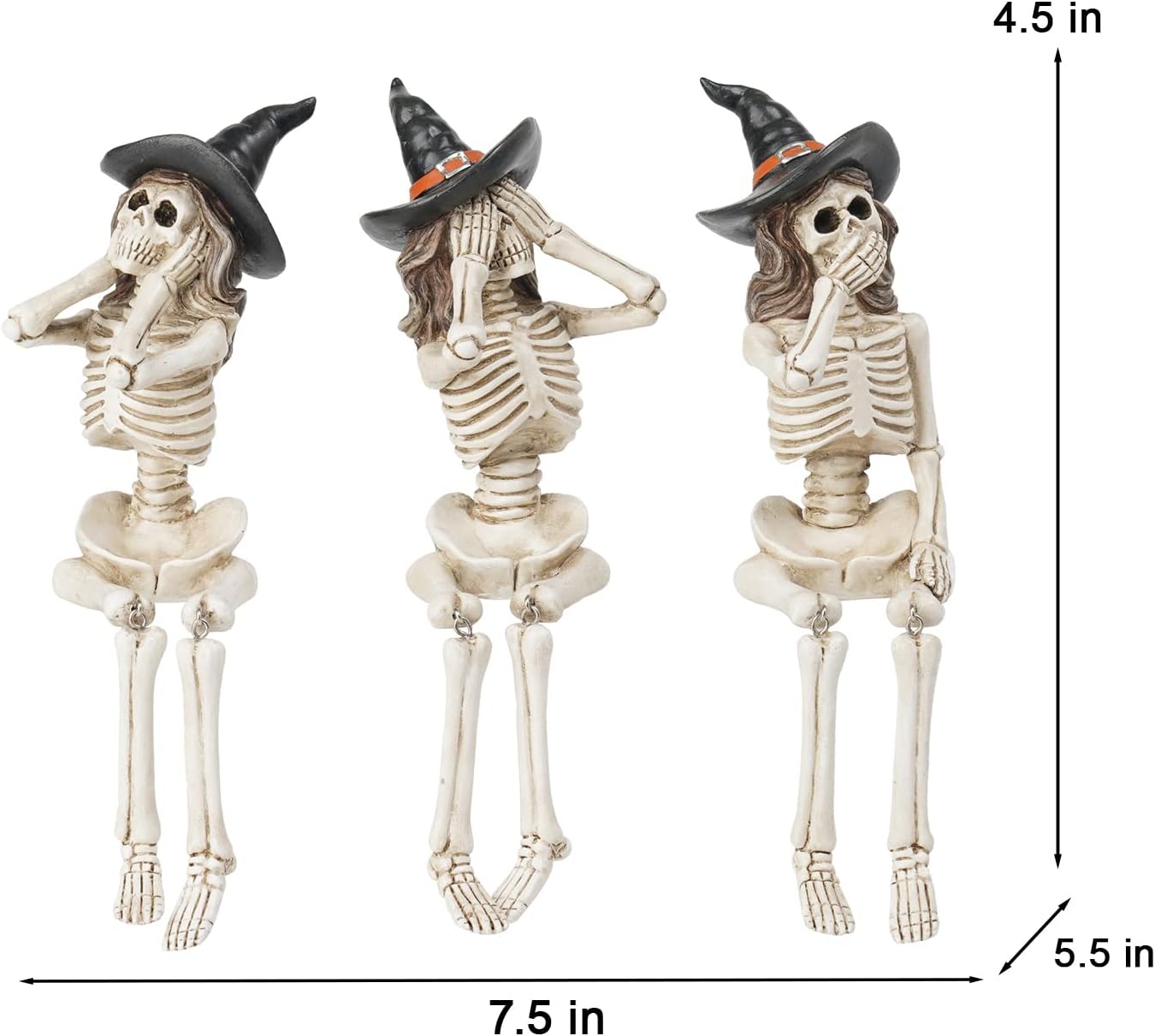 Halloween Statues No-Evil Skeleton Collectible-Figurines - Realistic Skeleton Halloween Decorations Indoor See Speak Hear No Evil Resin Witch Table Decor Set of 3, 2.5*5.5*4.5 inch Newman House Studio