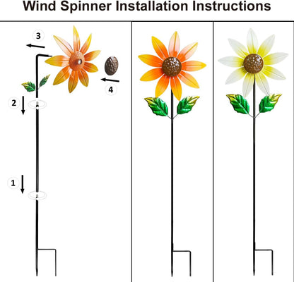 2 Pack Metal Wind Spinners for Outdoor Decor - Garden Windmill Sculptures, Yard Art for Patio Lawn - Vibrant White Daisies & Orange Sunflowers Metal Spinners for Garden Decorations