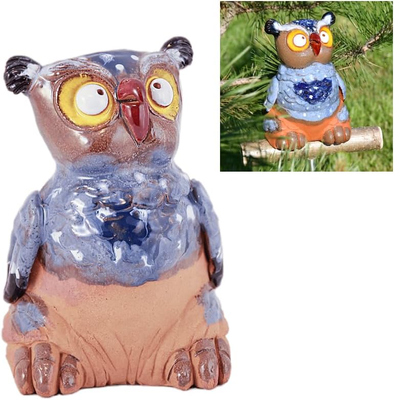 Ceramic Garden Decor - Owl Lawn stake - Outdoor statue - Perfect, unique gifts for gardeners woman, men, yard gifts - Handmade, Frostproof