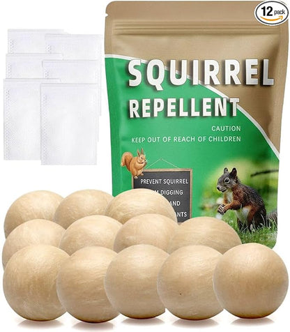 Squirrel Repellent, Chipmunk Repellent Outdoor, Squirrel Deterrent Balls, Safe for Garden, Attic, Bird Feeders, Garage, Lasting 60 Days-12 Packs