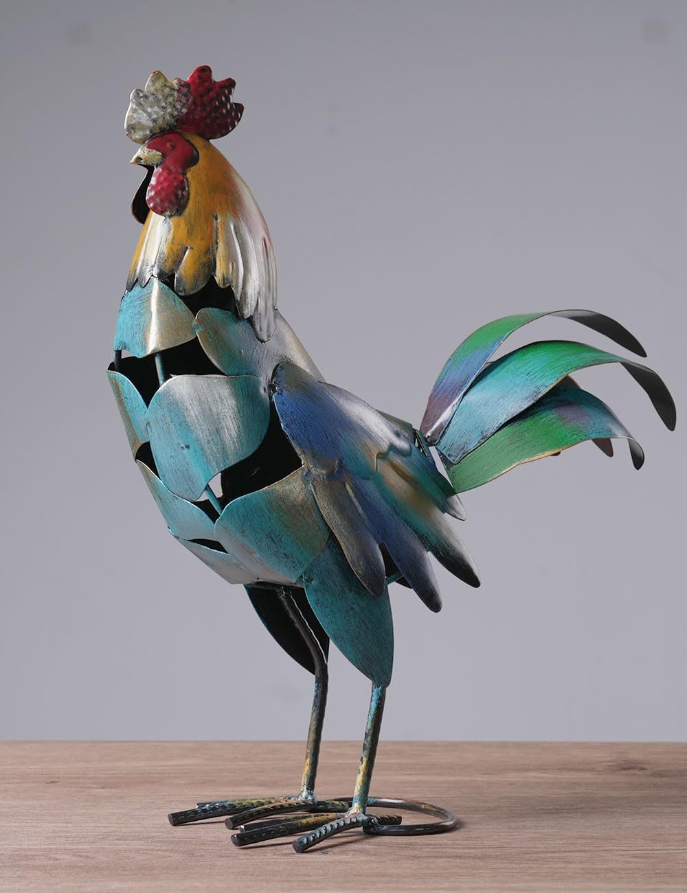 HAUCOZE Rooster Decor Statue Chicken Figurine Sculpture Animal Arts Metal 15.5 inch