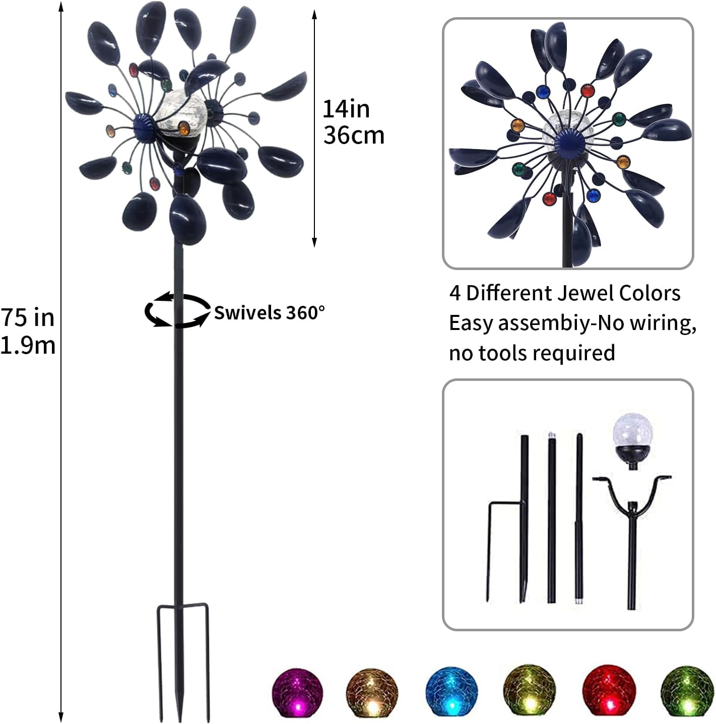 NUENUN Wind Spinner Outdoor Metal - Multi-Color Seasonal LED Lighting Solar Powered Glass Ball with Kinetic Wind Spinner Dual Direction for Patio Lawn & Garden (Coffee Ribbon Light)