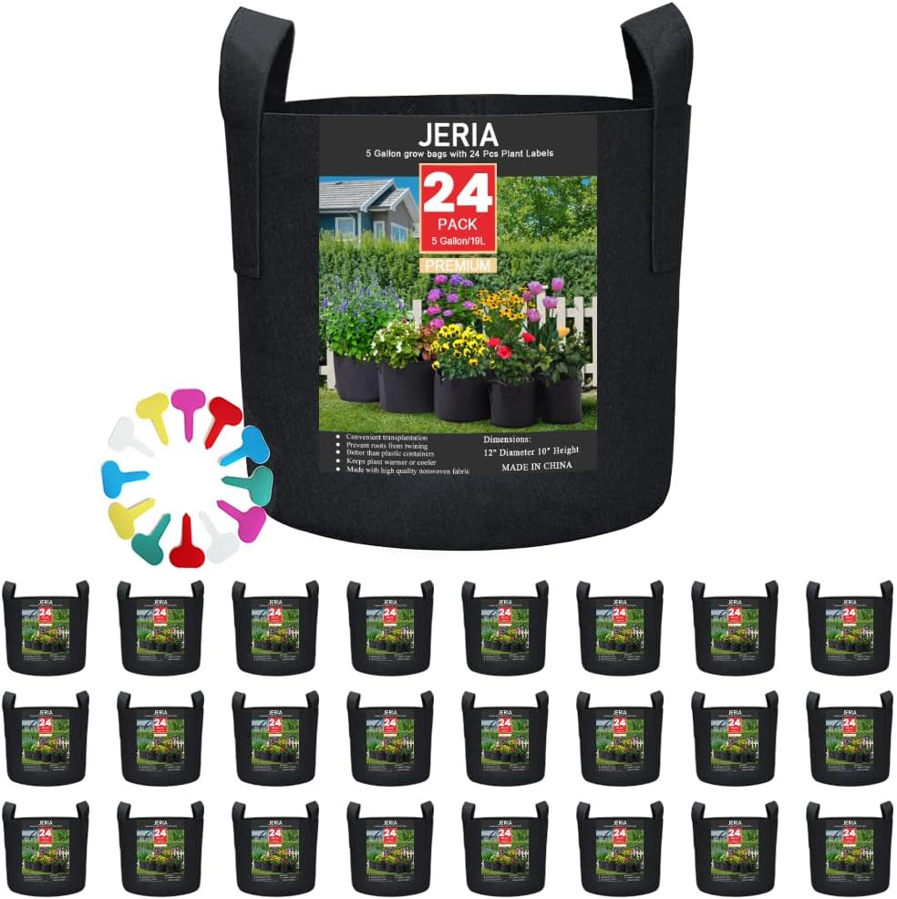 JERIA 24-Pack 5 Gallon Nonwoven Grow Bags, Plant Grow Bags，Heavy Duty Aeration Fabric Pots with Durable Handles, Come with 24 Pcs Plant Labels
