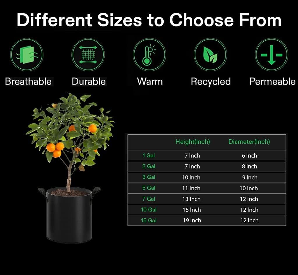 Gardenera Reusable Grow Bags - 20-Pack 15 Gallon Fabric Planters with Aeration and Handles, Great for Growing Trees and Large Shrubs