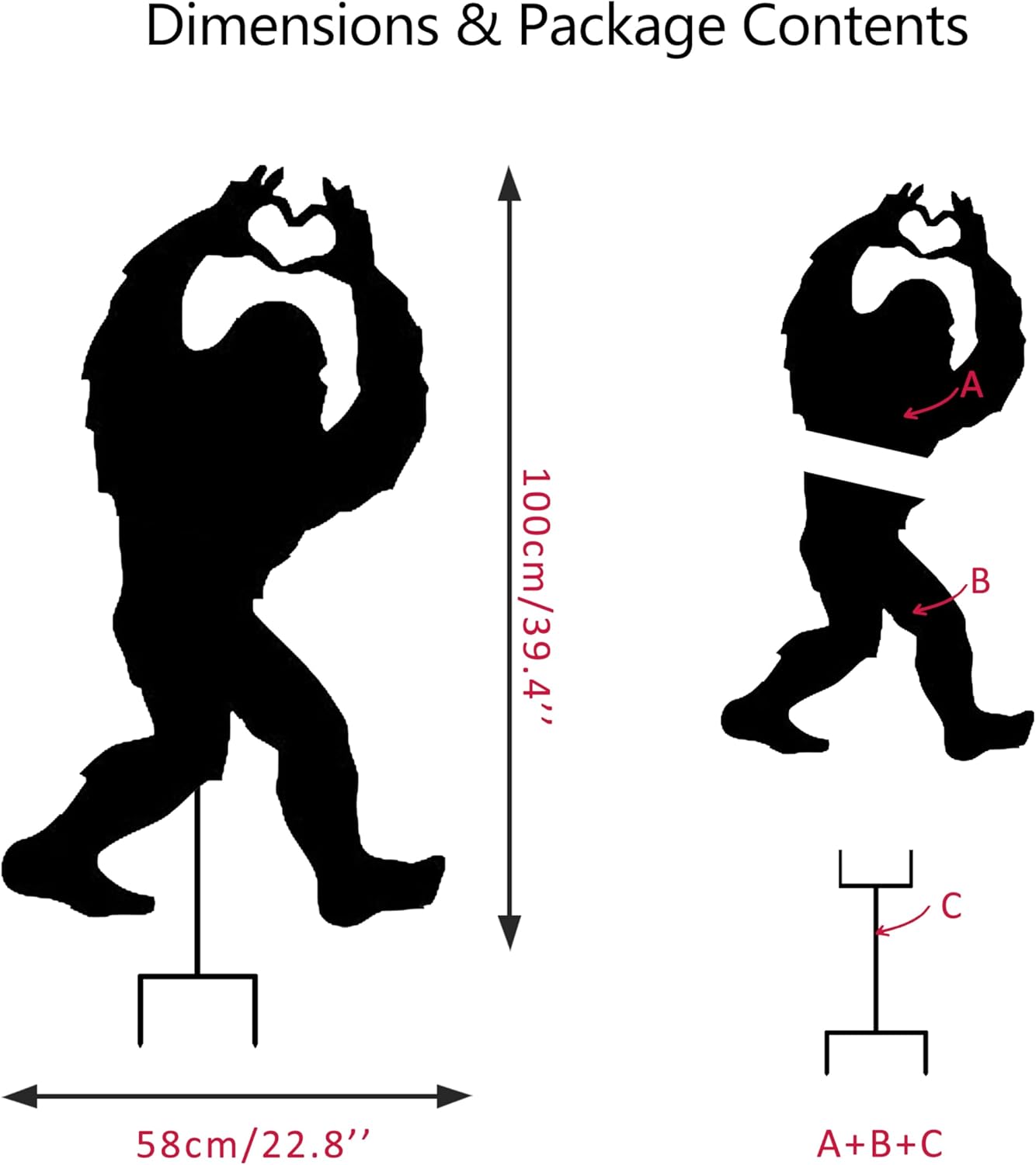 3.3ft Tall Metal Bigfoot Yard Decor Garden Stakes Display, Life Size Bigfoot Sasquatch Outdoor Yard Art Statue for 4th of July Decorations, Paito, Lawn, Black