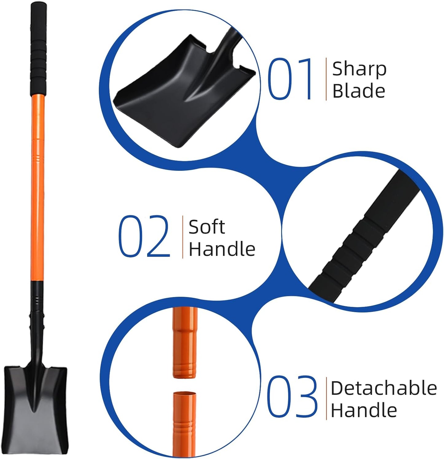 Small Square Shovel for Digging with Metal Handle, 43.3 Inch Heavy Duty Small Shovel, Trench Shovels Ideal for Digging Gardening Trenching Camping Planting Transferring, Orange
