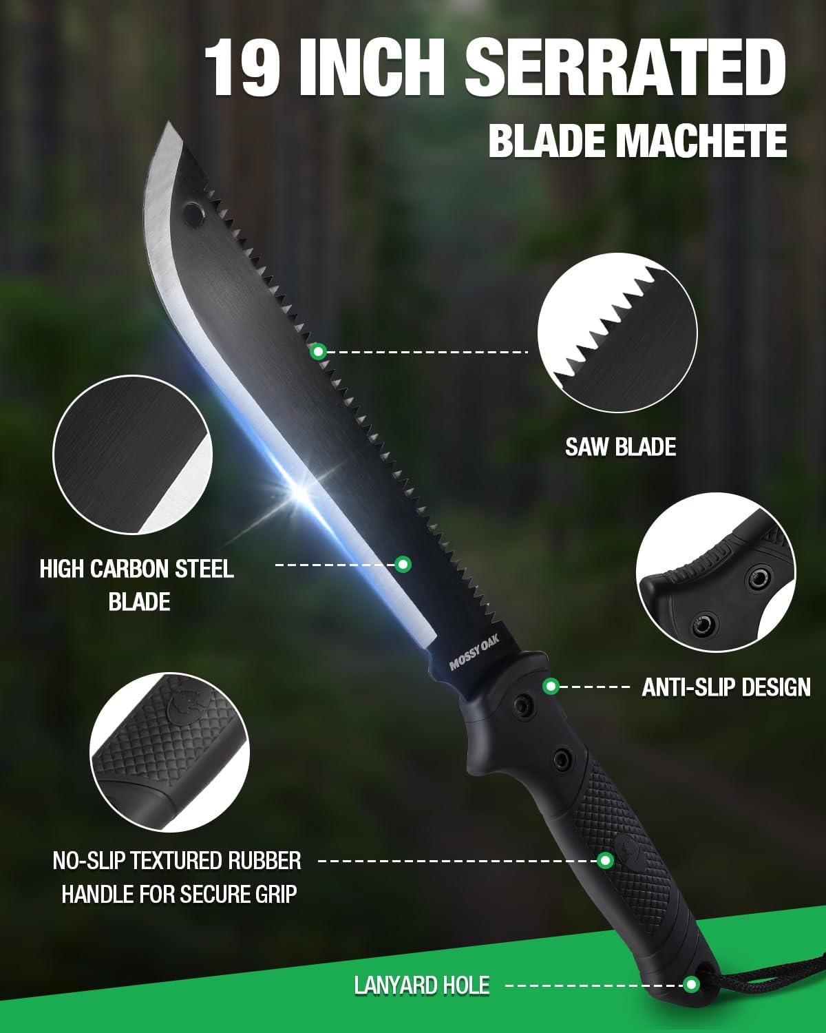 MOSSY OAK Machete with Saw, 19" Sharp Machete with Sheath, Ergonomic No-Slip Handle, Machetes for Bushcraft, Outdoor Hunting, Garden Cutting Trees and Yard Work